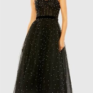 Mac Duggal Black One Shoulder Pearl Beaded Midi Ball Gown